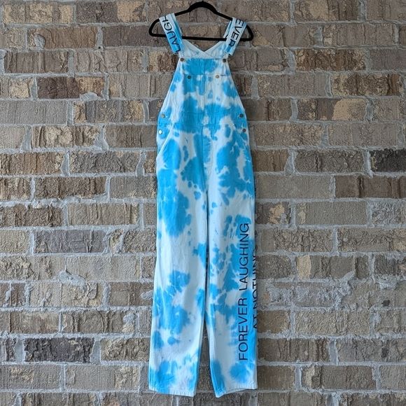 Flan Labs Aqua Blue White Tie Dye Overalls Size XS Forever Laughing at Nothing - Picture 8 of 9